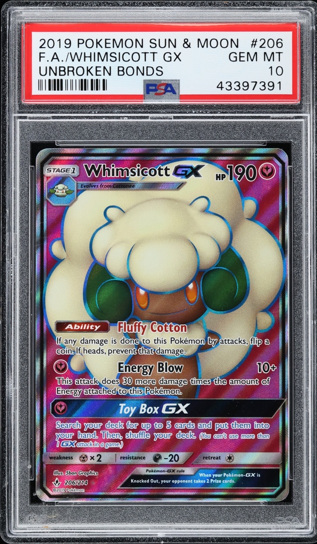 2019 Pokemon Sun & Moon Unbroken Bonds Full Art Whimsicott GX #206 PSA 10 GEM MINT