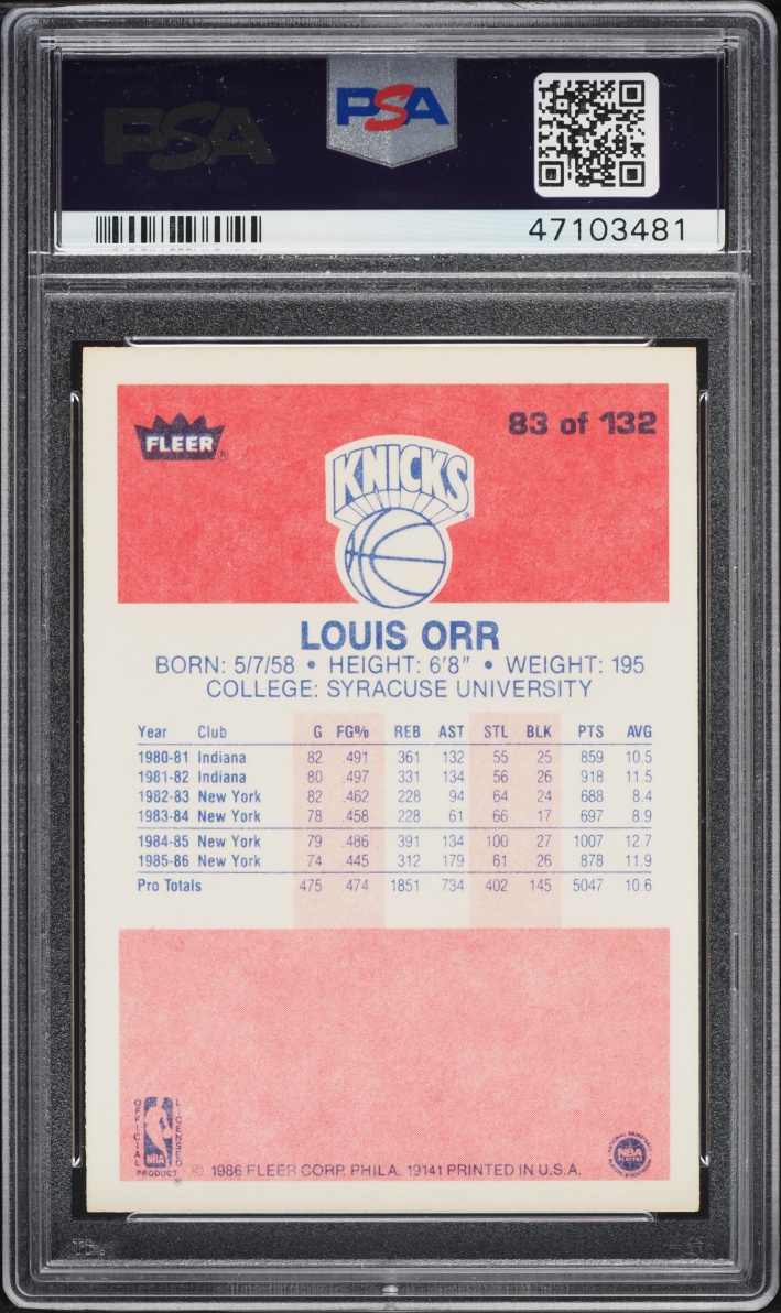 1986 Fleer Basketball Louis Orr #83 PSA 9 MINT