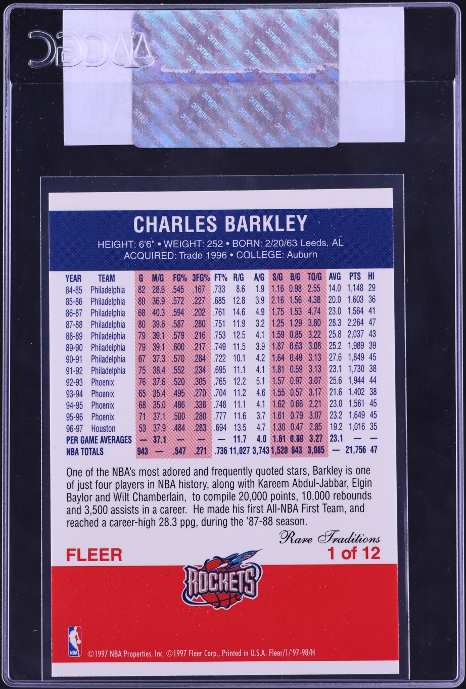 1997 Fleer Decade Of Excellence Rare Traditions Charles Barkley #1 CGC AUTH - Photo 2