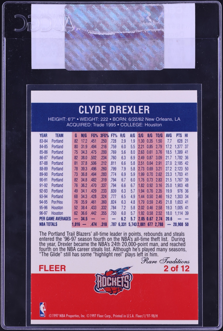 1997 Fleer Decade Of Excellence Rare Traditions Clyde Drexler #2 CGC AUTH - Photo 2