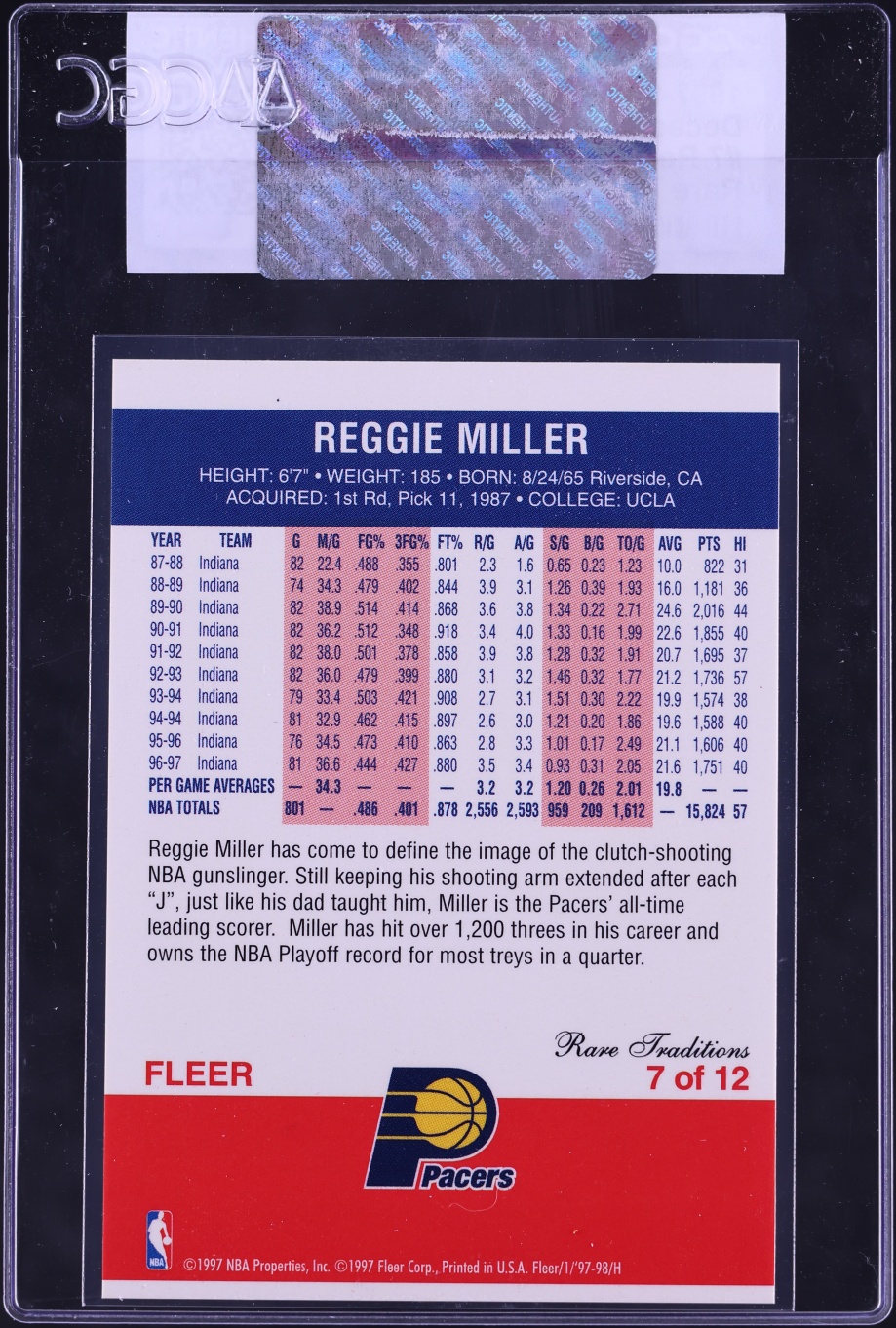 1997 Fleer Decade Of Excellence Rare Traditions Reggie Miller #7 CGC AUTH - Photo 2