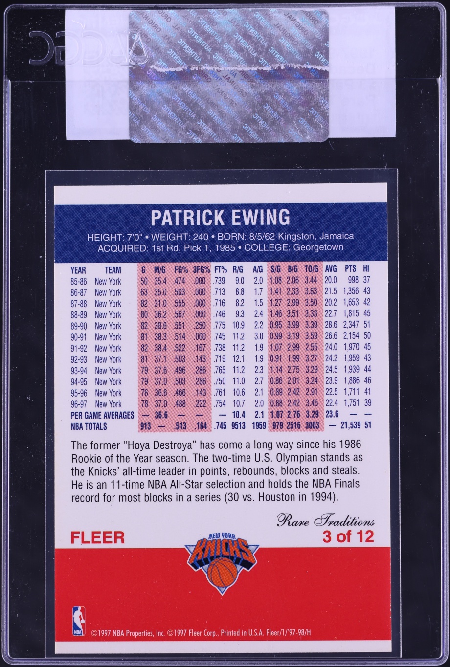 1997 Fleer Decade Of Excellence Rare Traditions Patrick Ewing #3 CGC AUTH - Photo 2