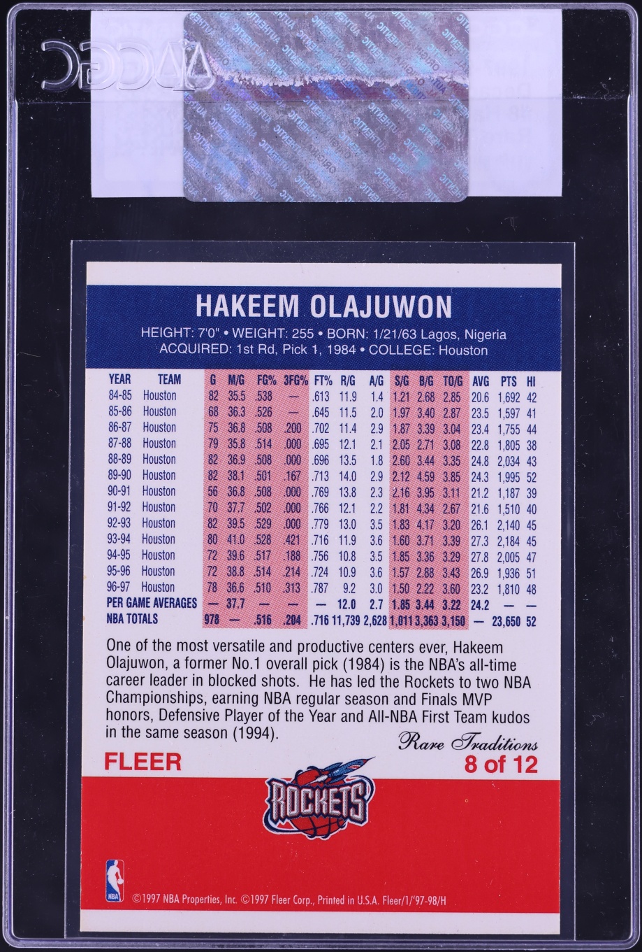 1997 Fleer Decade Of Excellence Rare Traditions Hakeem Olajuwon #8 CGC AUTH - Photo 2