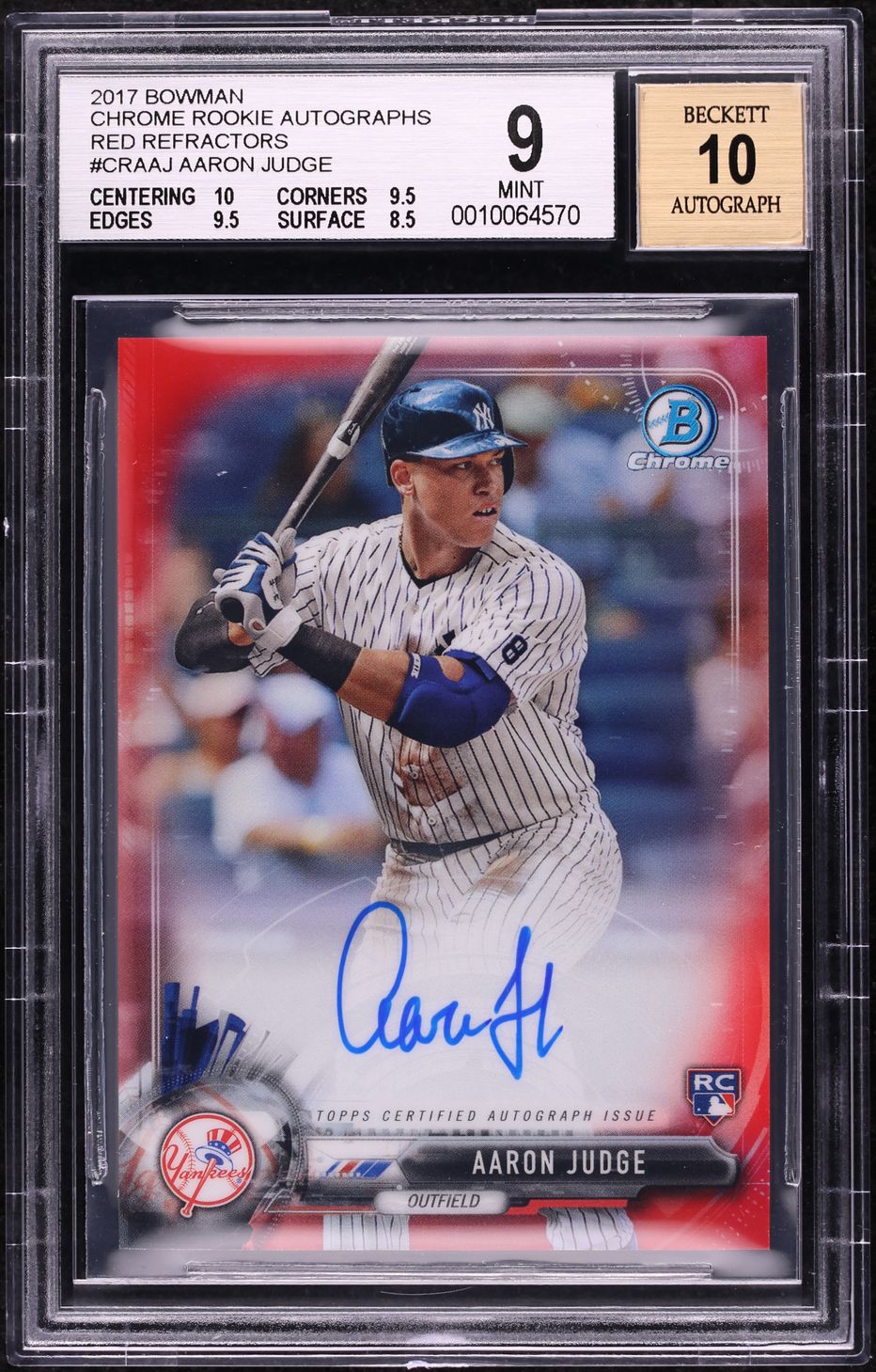 2017 Bowman Chrome Red Refractor Aaron Judge ROOKIE AUTO 5/5 #CRA-AJ BGS 9 MINT