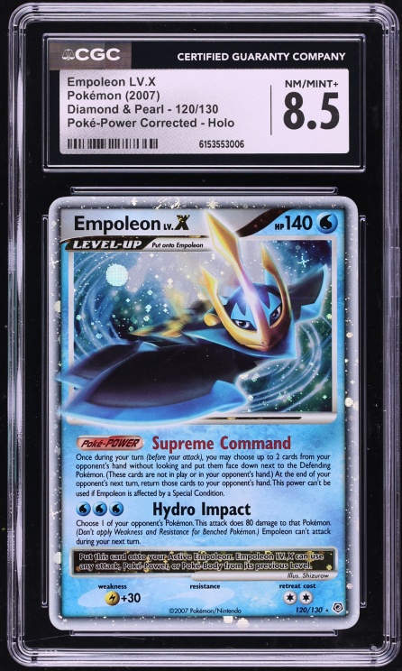 2007 Pokemon Diamond & Pearl Corrected Poke-Power Holo Empoleon LV.X #120 CGC 8.5 NM-MT+