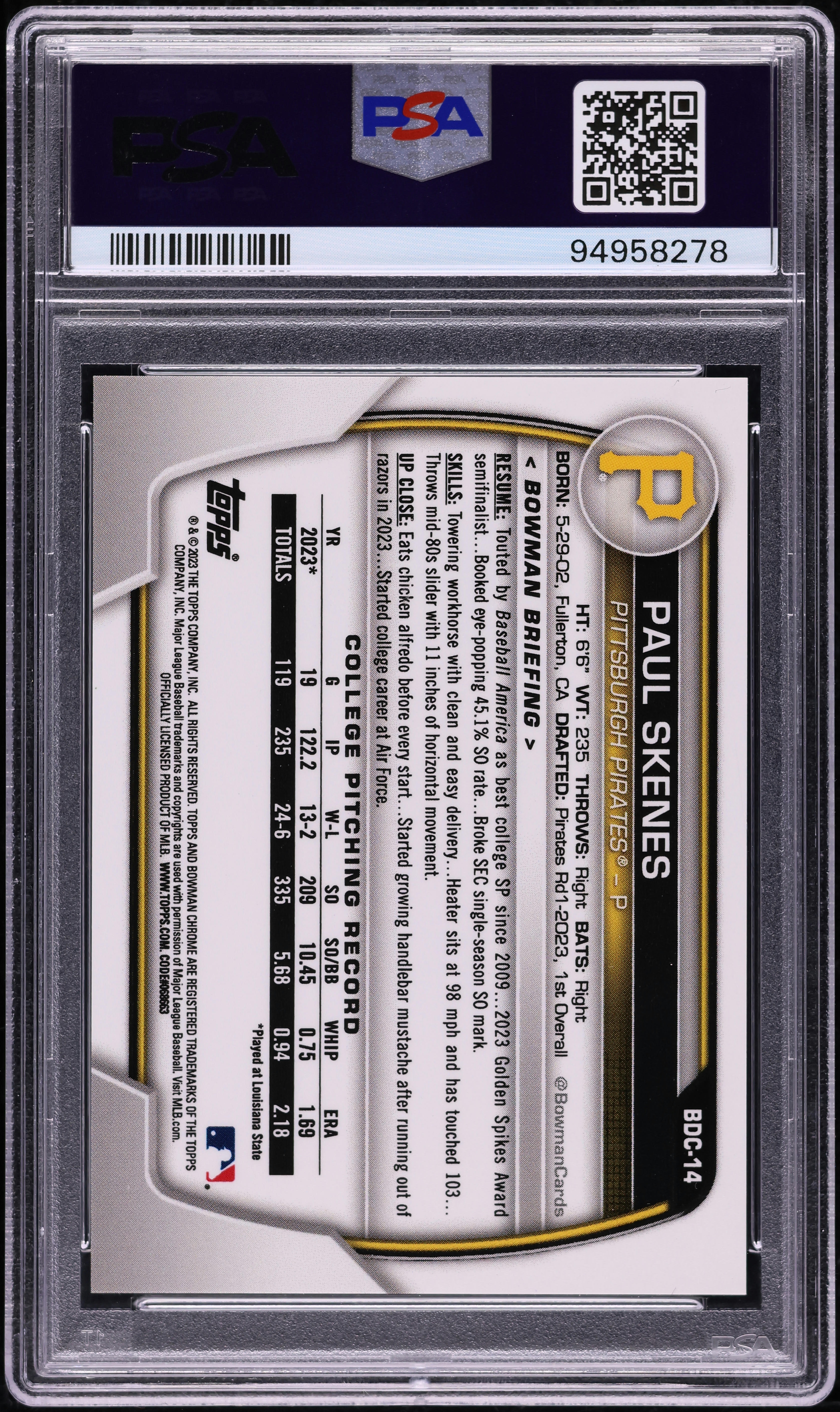 2023 Bowman Chrome Draft Superfractor Paul Skenes ROOKIE 1/1 PSA