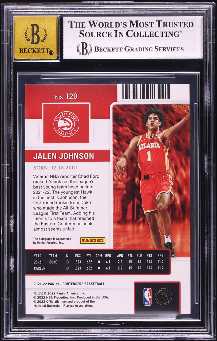 2021 Panini Contenders Cracked Ice Ticket Jalen Johnson ROOKIE AUTO /25 #120 BGS 9 MINT - Photo 2