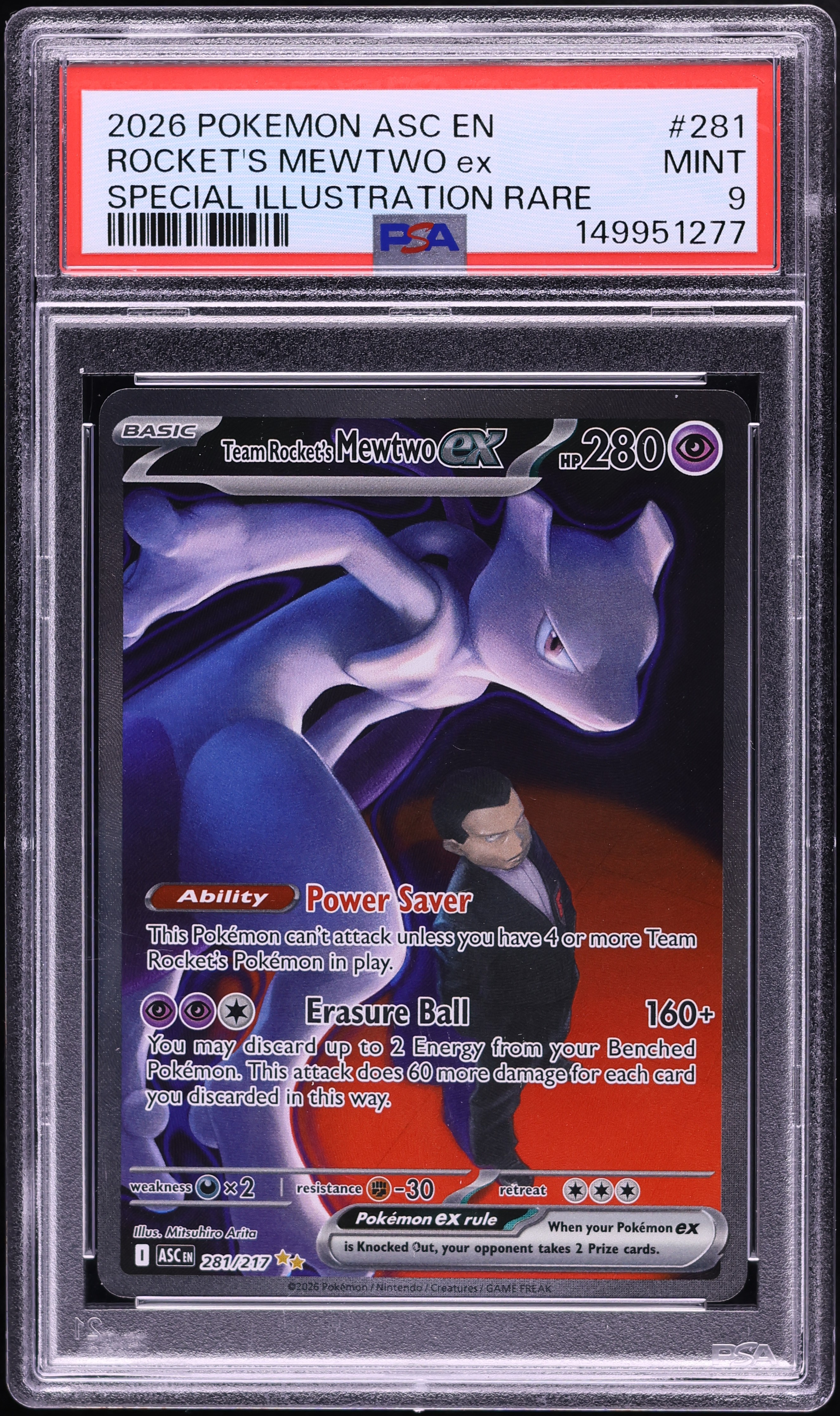 2026 Pokemon Mega Evolution Ascended Heroes SIR Team Rocket's Mewtwo ex #281 PSA 9 MINT