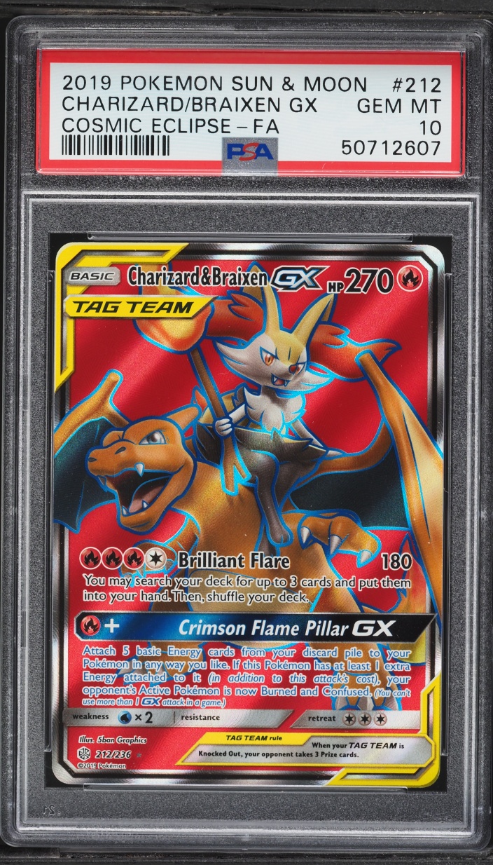 2019 Pokemon Sun & Moon Cosmic Eclipse Full Art Charizard & Braixen GX #212 PSA 10 GEM MINT
