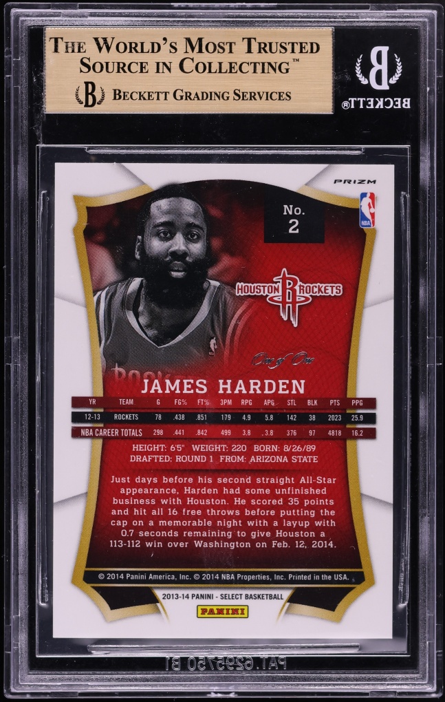 2013 Select Black Prizm James Harden 1/1 #2 BGS 9.5 GEM MINT - Photo 2