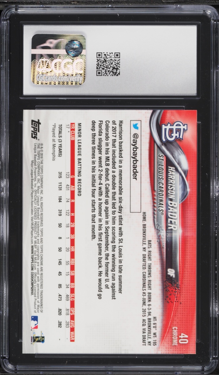 2018 Topps Chrome Harrison Bader ROOKIE #40 CGC 10 GEM MINT