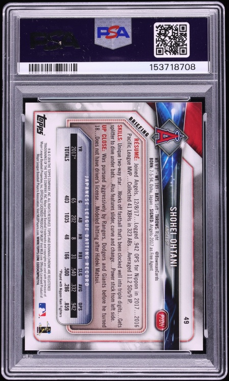 2018 Bowman Shohei Ohtani ROOKIE #49 PSA 10 GEM MINT