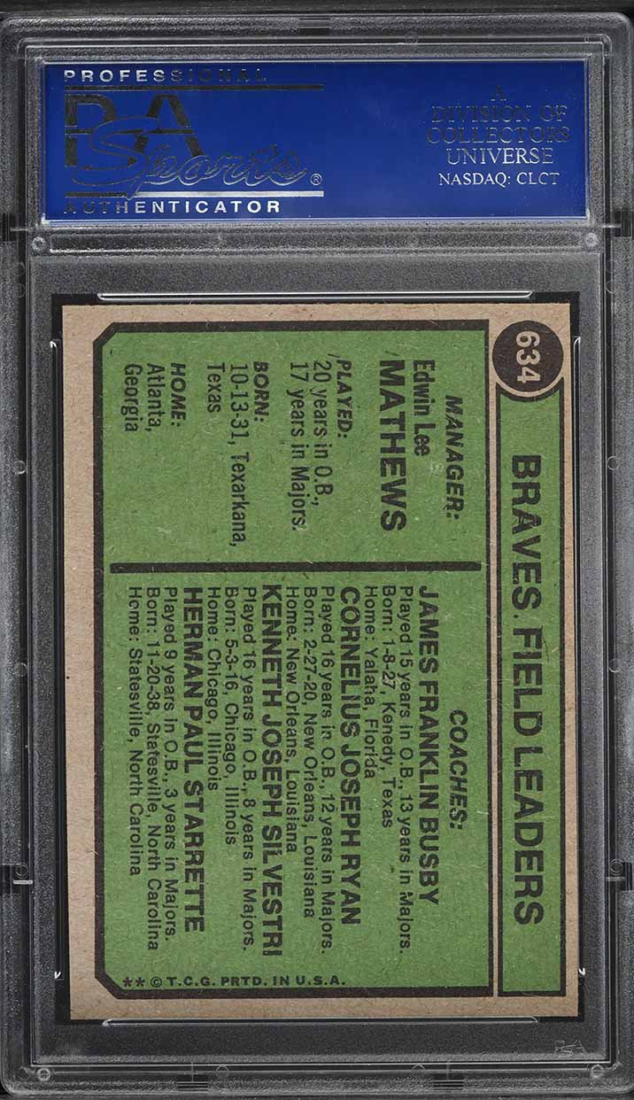 1974 Topps Eddie Mathews BRAVES COACHES #634 PSA 9 MINT