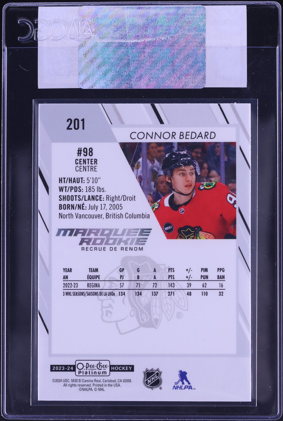 2023 O-Pee-Chee Platinum Connor Bedard ROOKIE #201 CGC AUTH