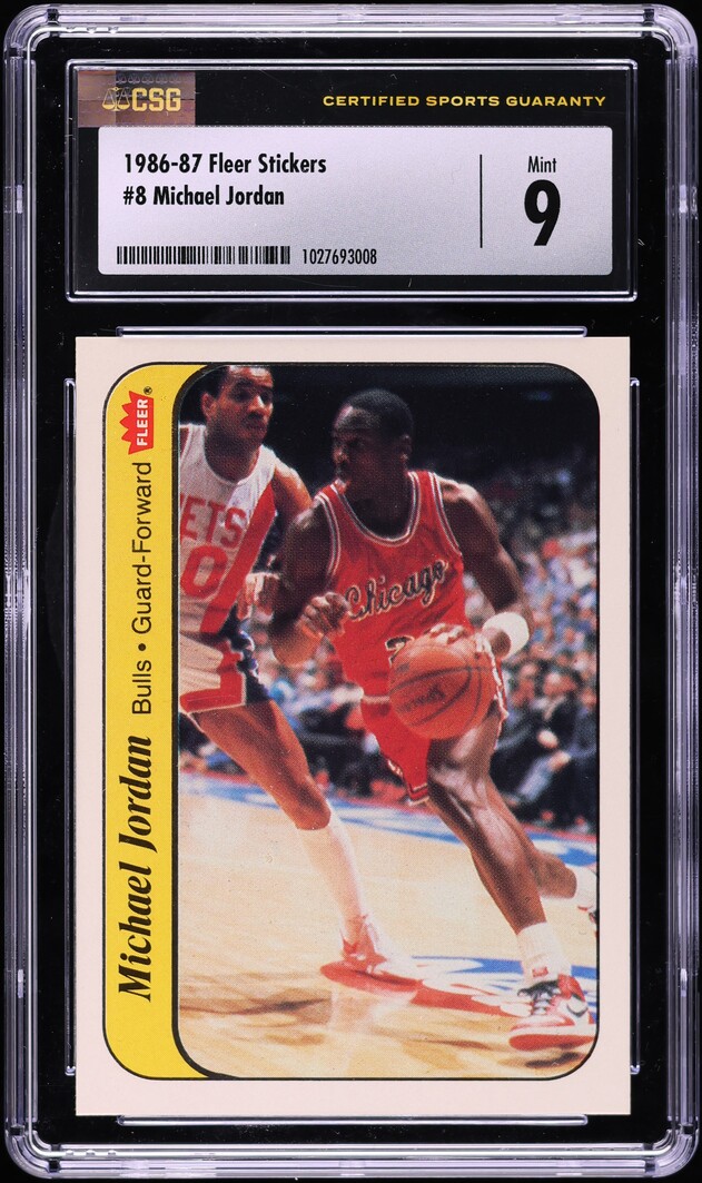 1986 Fleer Sticker Michael Jordan ROOKIE #8 CSG 9 MINT - Photo 1