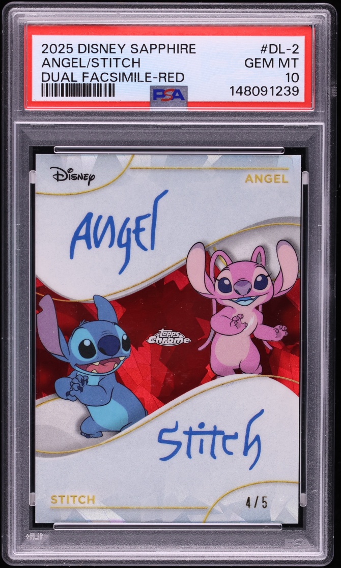 2025 Topps Chrome Disney Sapphire Dual Facsimile Red Angel Stitch AUTO /5 #DL-2 PSA 10 GEM MINT