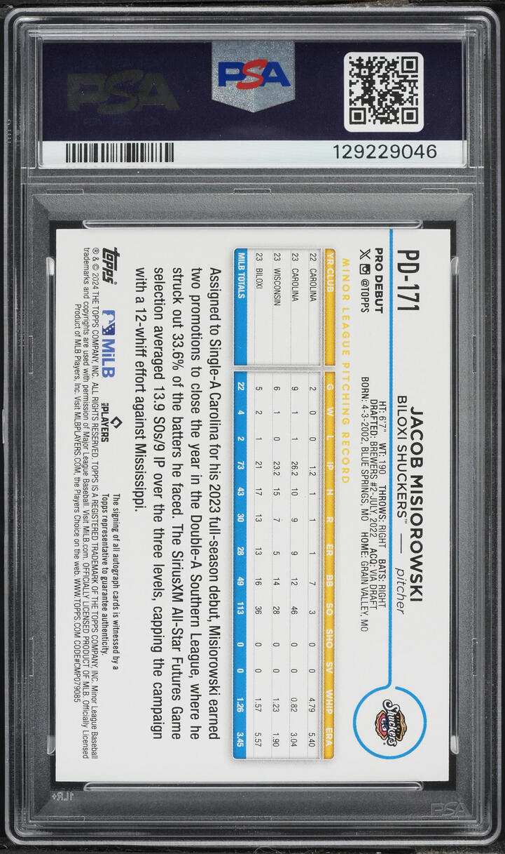 2024 Topps Pro Debut Jacob Misiorowski PROSPECT AUTO #PD171 PSA 10 GEM MINT