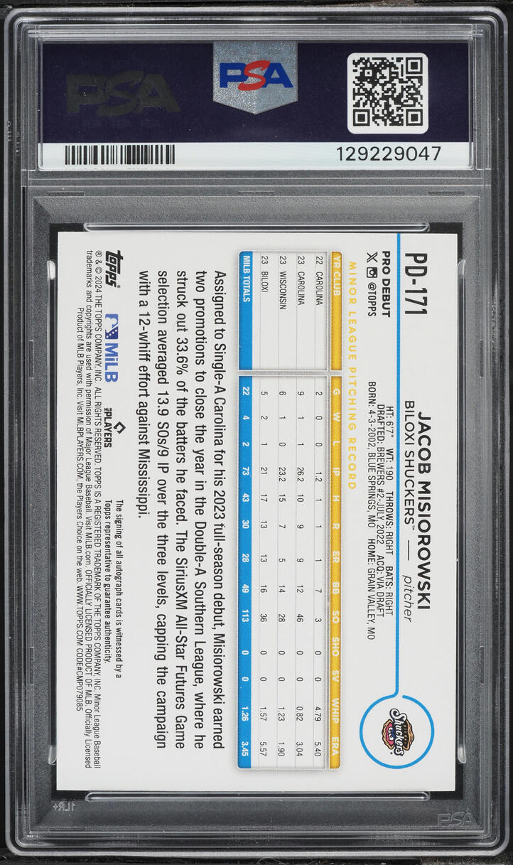 2024 Topps Pro Debut Jacob Misiorowski PROSPECT AUTO #PD171 PSA 9 MINT