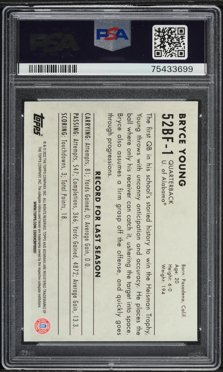 2022 Bowman University '52 Bryce Young ROOKIE #52BF-1 PSA 8 NM-MT