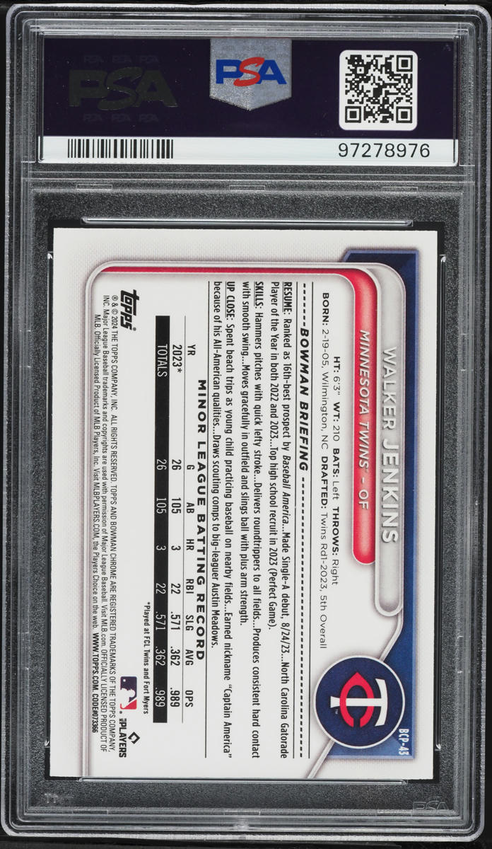 2024 Bowman Chrome Mega Box Green Refractor Walker Jenkins PROSPECT /99 #43 PSA 10 GEM MINT