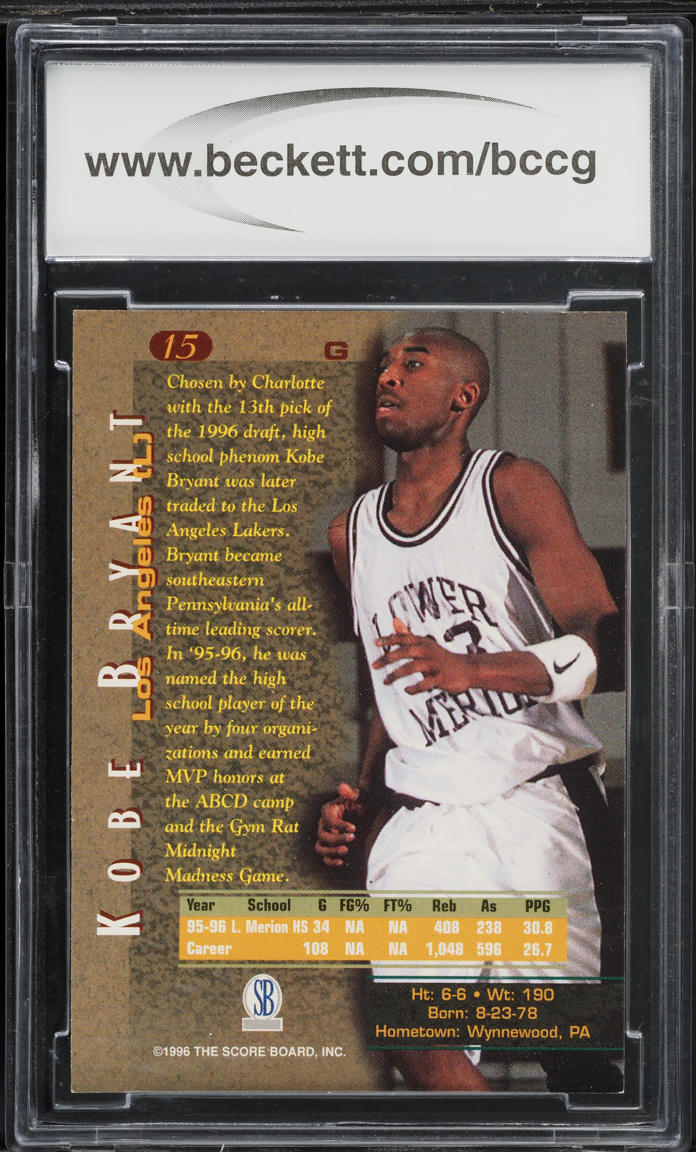 1996 Score Board Kobe Bryant ROOKIE #15 BCCG 10