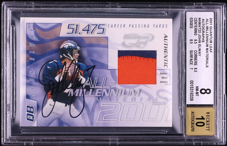 2001 Quantum Leaf All Millennium Material John Elway Game Used PATCH AUTO /100 #AMAT-22 BGS 8