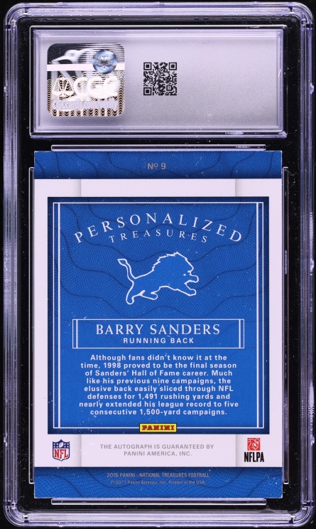 2016 National Treasures Personalized Barry Sanders AUTO /10 #9 CGC 8 NM-MT - Photo 2