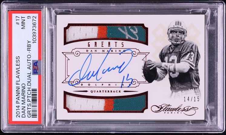 2014 Panini Flawless Greats Dual Ruby Dan Marino Game Used PATCH AUTO /15 #17 PSA 9 MINT