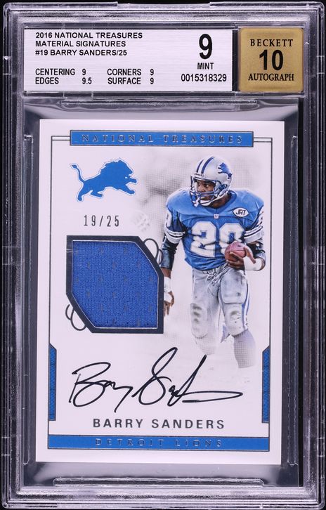 2016 National Treasures Material Barry Sanders Game Used PATCH AUTO /25 #19 BGS 9 MINT