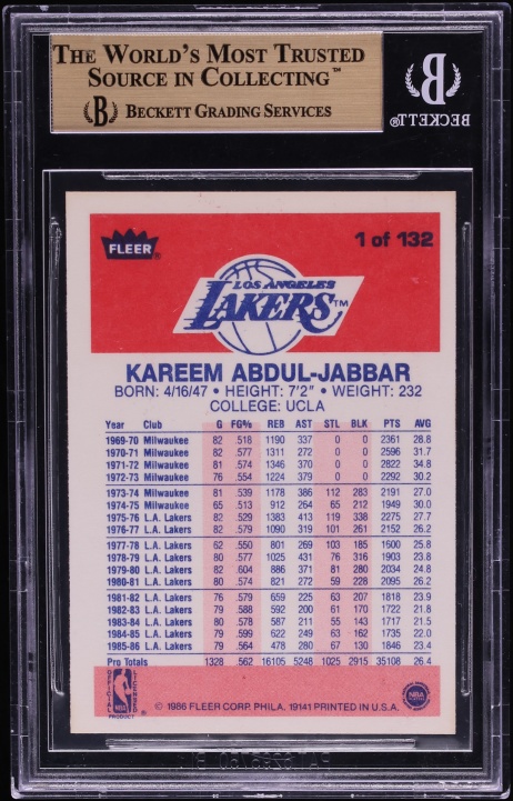 1986 Fleer Basketball Kareem Abdul-Jabbar #1 BGS 9.5 GEM MINT