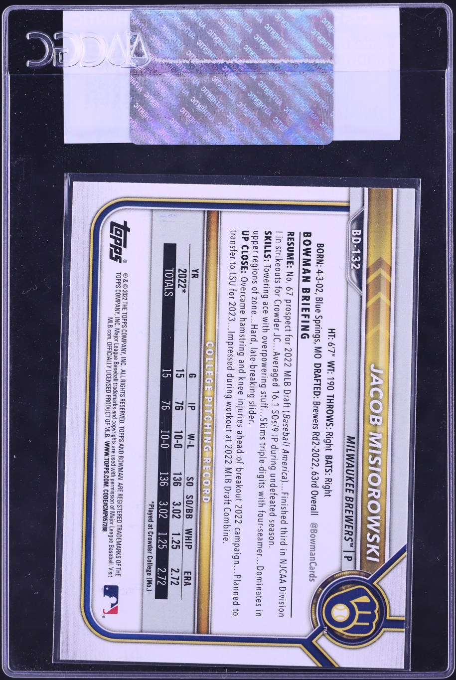 2022 Bowman Draft Jacob Misiorowski PROSPECT #BD-132 CGC AUTH