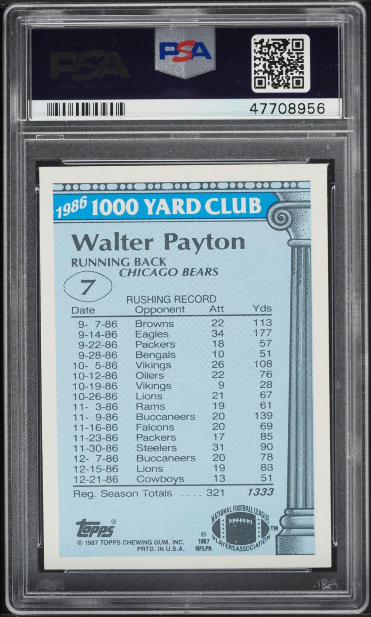1987 Topps Football Walter Payton 1000 YARD CLUB #7 PSA 8 NM-MT