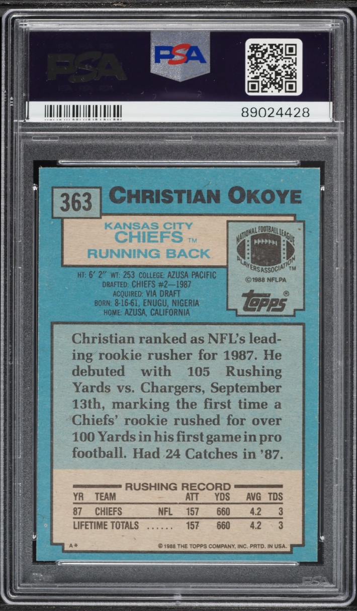 1988 Topps Football Christian Okoye ROOKIE #363 PSA 10 GEM MINT