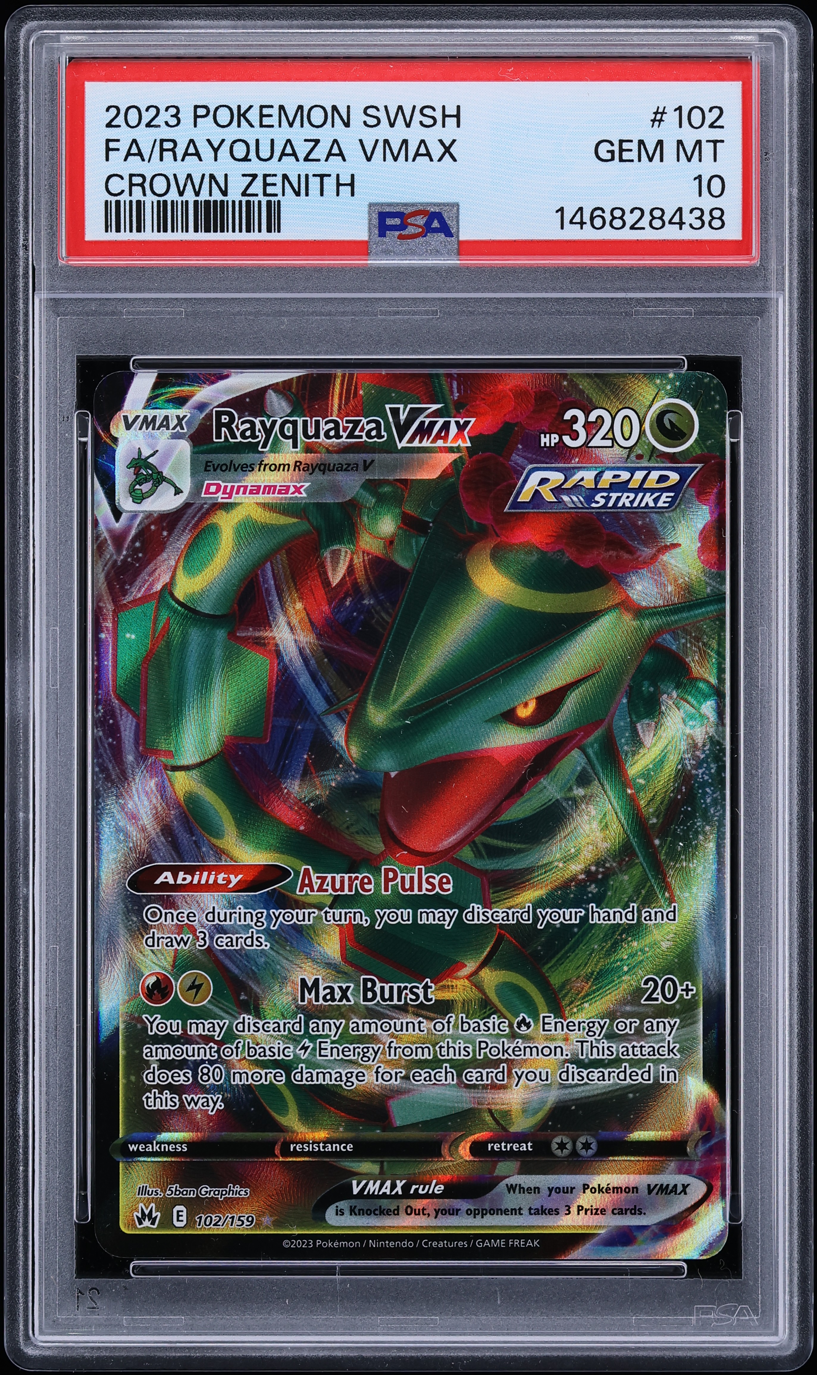 2023 Pokemon Sword & Shield Crown Zenith Alt Art Rayquaza VMAX #102 PSA 10 GEM MINT