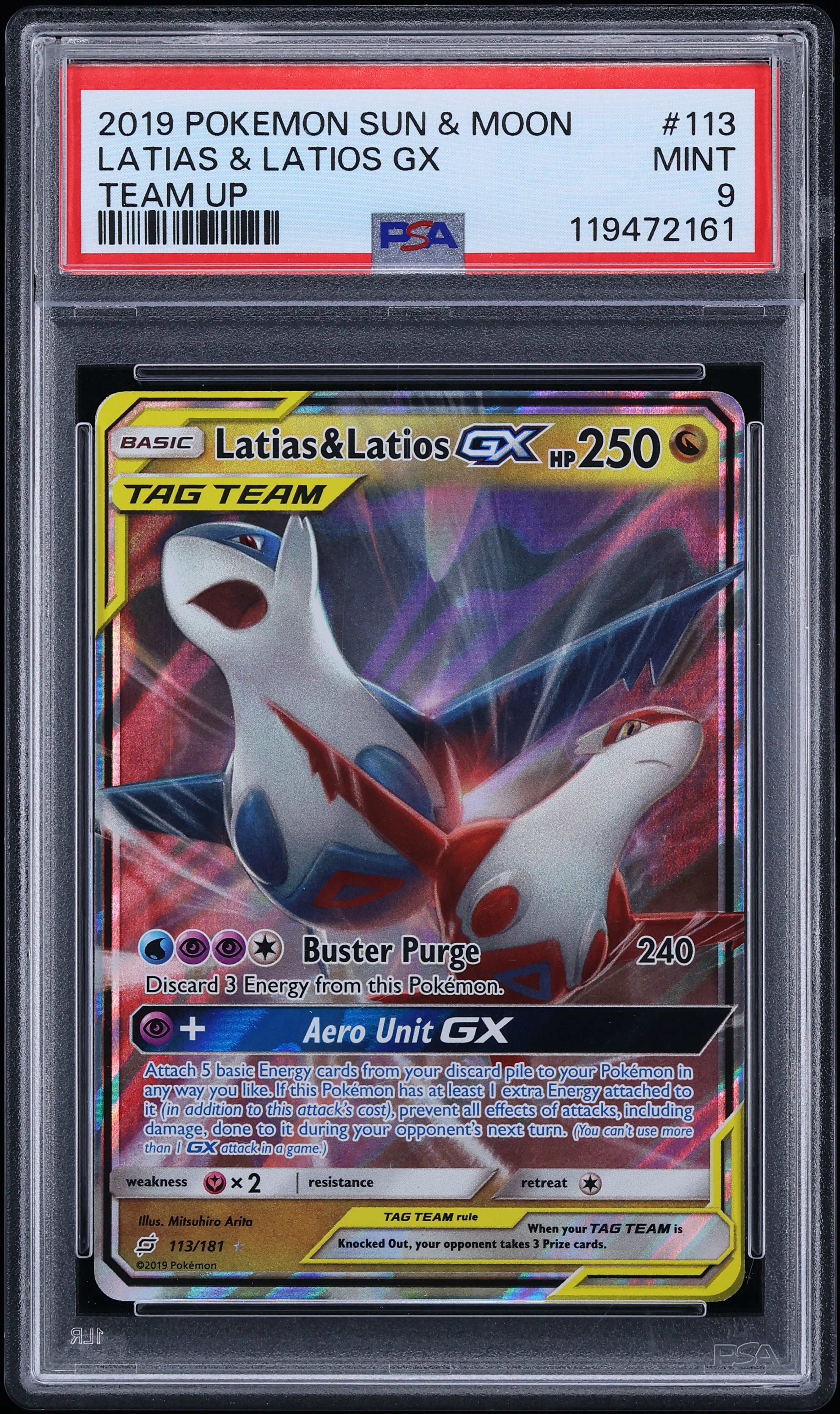 2019 Pokemon Sun & Moon Team Up Holo Latias & Latios GX #113 PSA 9 MINT