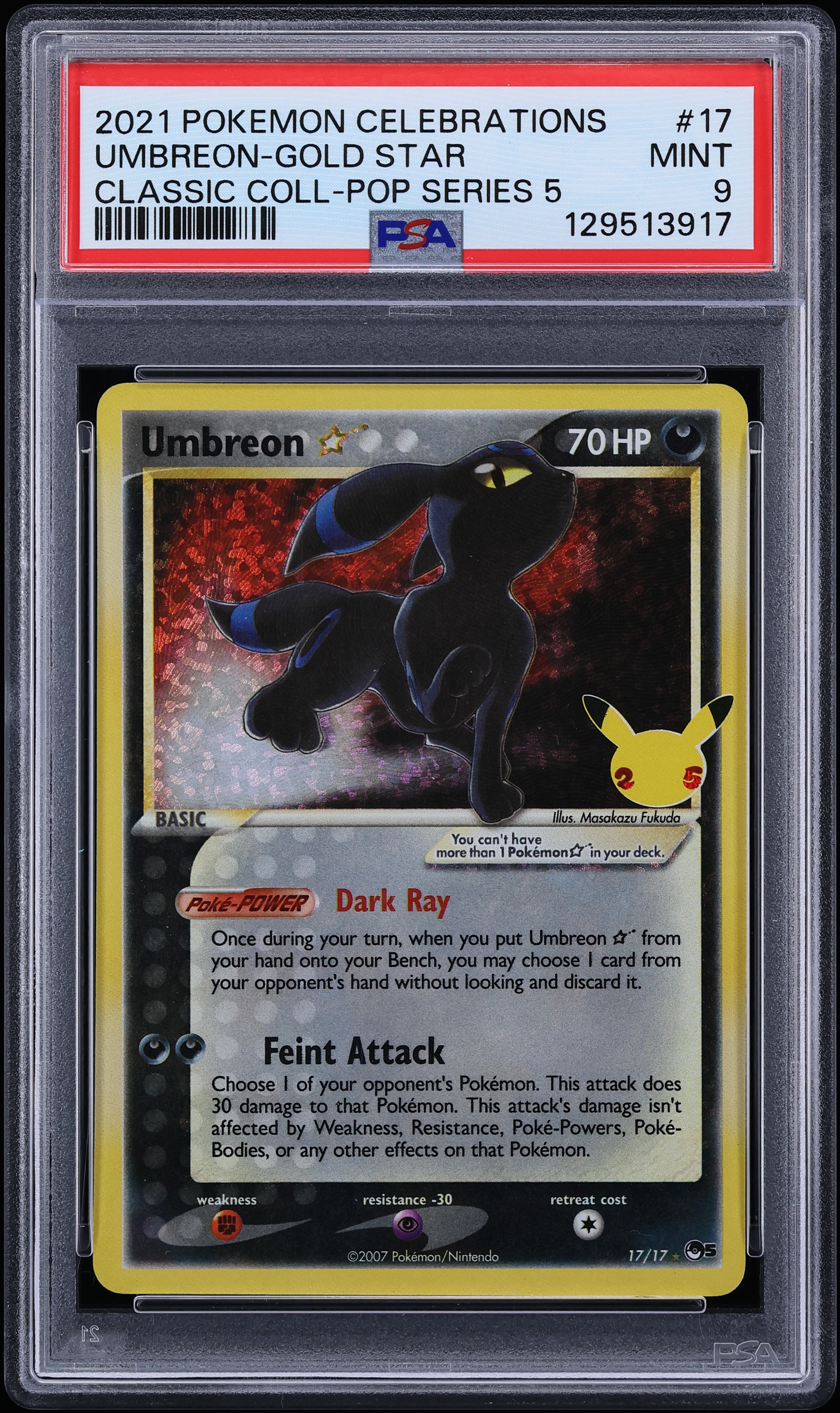2021 Pokemon Sword & Shield Celebrations Classic Holo Umbreon Gold Star #17 PSA 9 MINT