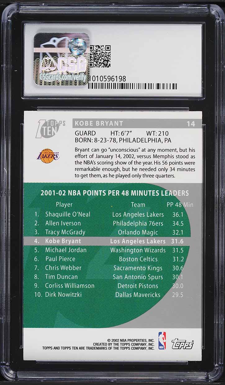 2002 Topps Ten Kobe Bryant #14 CSG 9 MINT