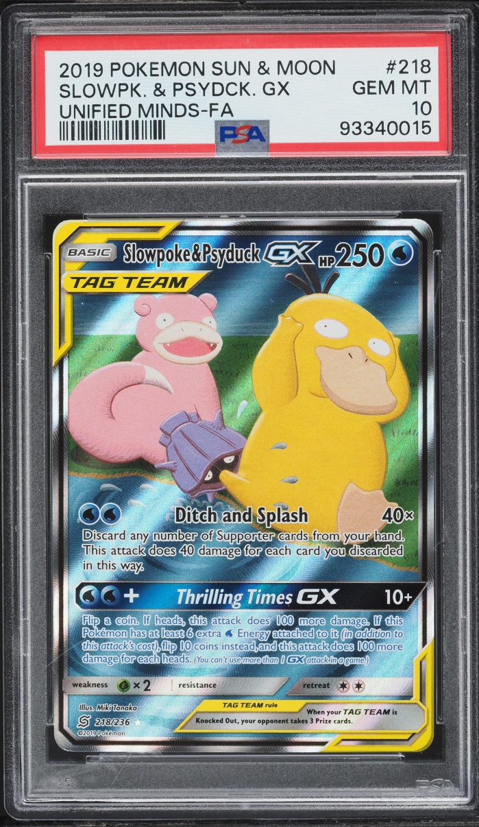 2019 Pokemon Sun & Moon Unified Minds Full Art Slowpoke & Psyduck GX #218 PSA 10 GEM MINT