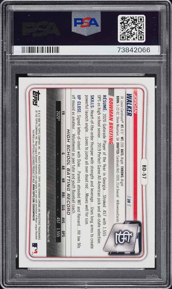 2020 Bowman Chrome Draft Jordan Walker PROSPECT AUTO DNA 10 #BD-57 PSA 9 MINT