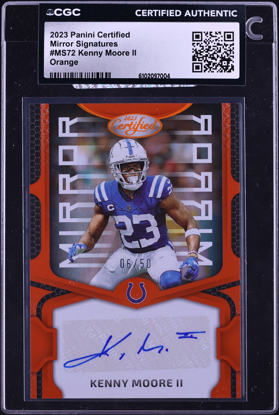 2023 Panini Certified Mirror Signatures Orange Kenny Moore II AUTO /50 #MS72 CGC AUTH