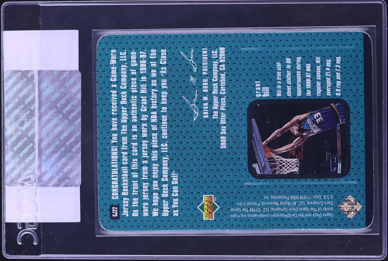 1997 Upper Deck Game Jersey Grant Hill PATCH #GJ22 CGC AUTH - Photo 2
