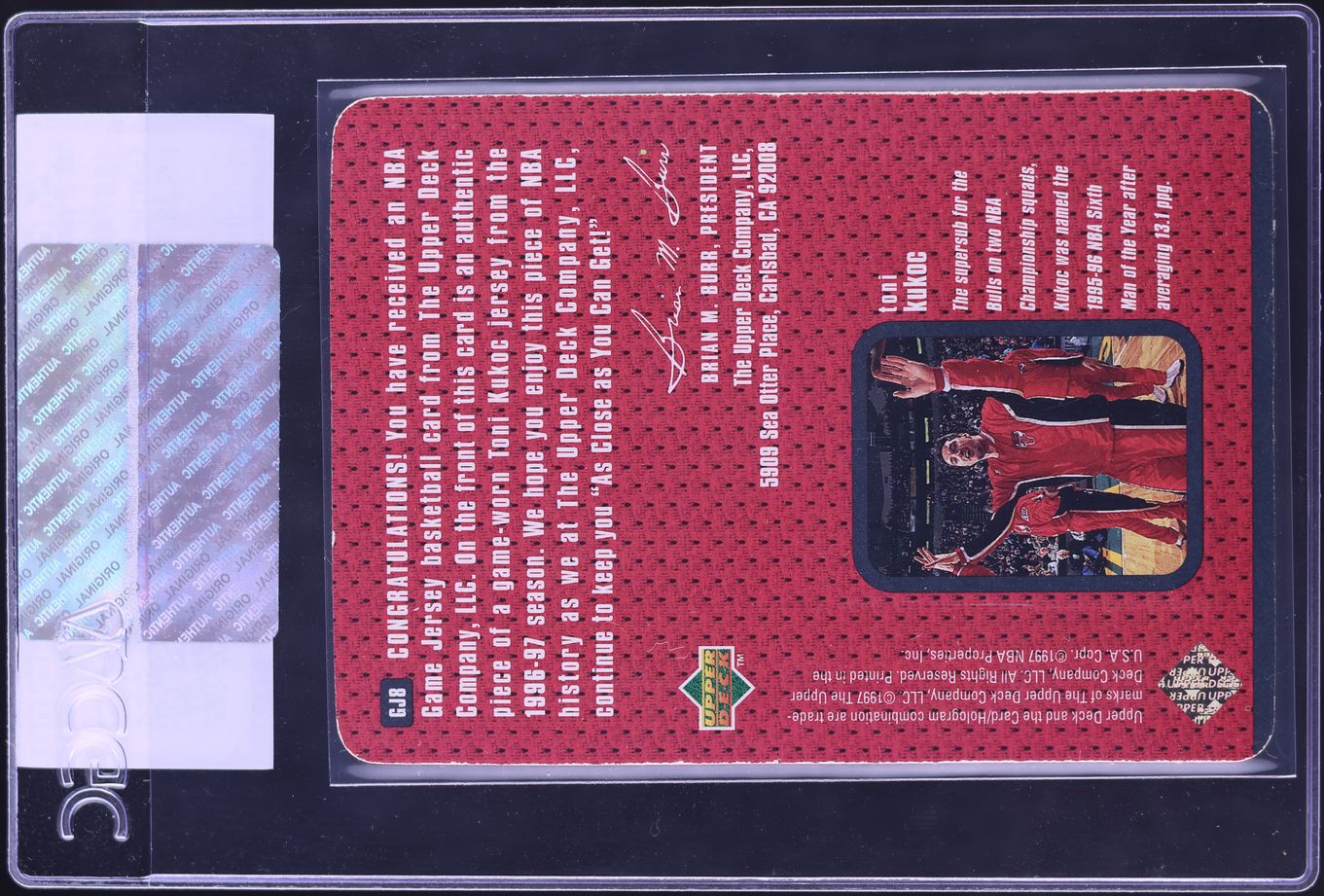 1997 Upper Deck Game Jersey Toni Kukoc PATCH #GJ8 CGC AUTH - Photo 2