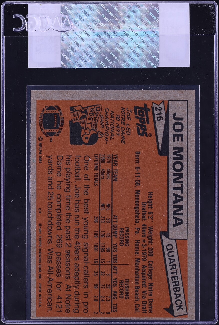 1981 Topps Football Joe Montana ROOKIE #216 CGC AUTH