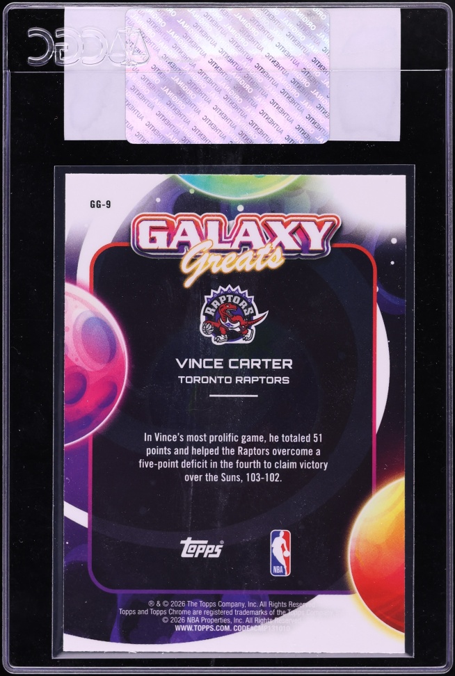 2025 Topps Chrome Cosmic Galaxy Greats Aqua Equinox Refractor Vince Carter /199 #GG-9 CGC AUTH