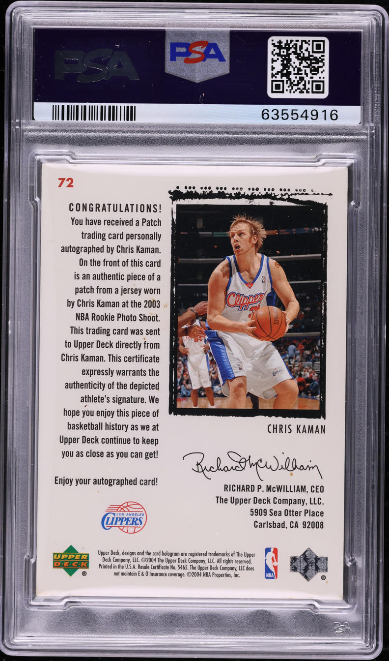 2003 Exquisite Collection Chris Kaman ROOKIE PATCH AUTO DNA 10 /225 #72 PSA 4 VGEX
