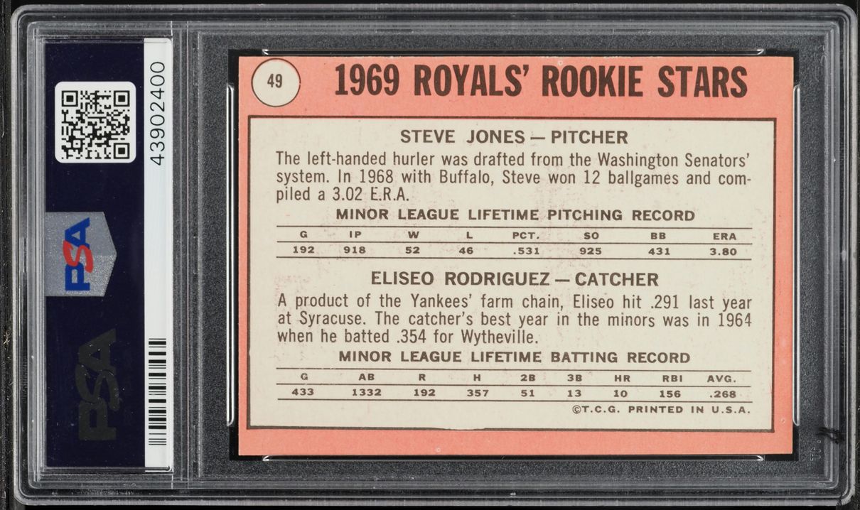 1969 Topps Steve Jones Eliseo Rodriguez ROOKIE, ON FRONT #49 PSA 6 EXMT