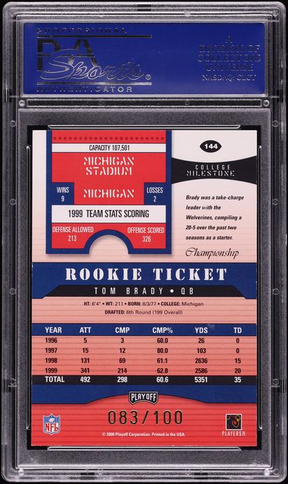 2000 Playoff Contenders Championship Ticket Tom Brady ROOKIE AUTO /100 #144 PSA 8 NM-MT