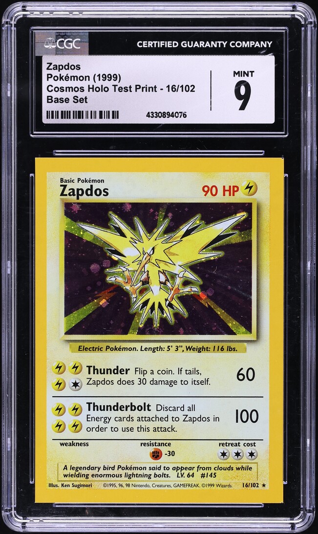 1999 Pokemon Cosmos Holo Test Print Base Set Zapdos #16 CGC 9 MINT