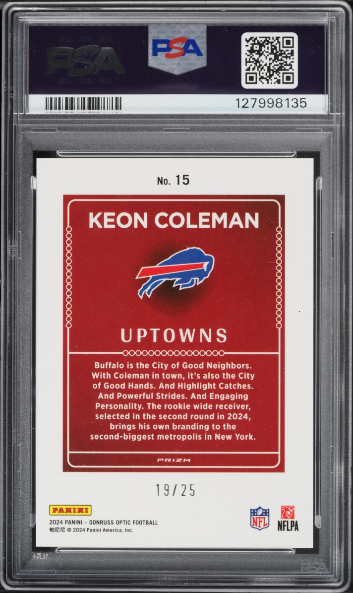 2024 Donruss Optic Uptowns White Pandora Keon Coleman ROOKIE /25 #15 PSA 10 GEM MINT