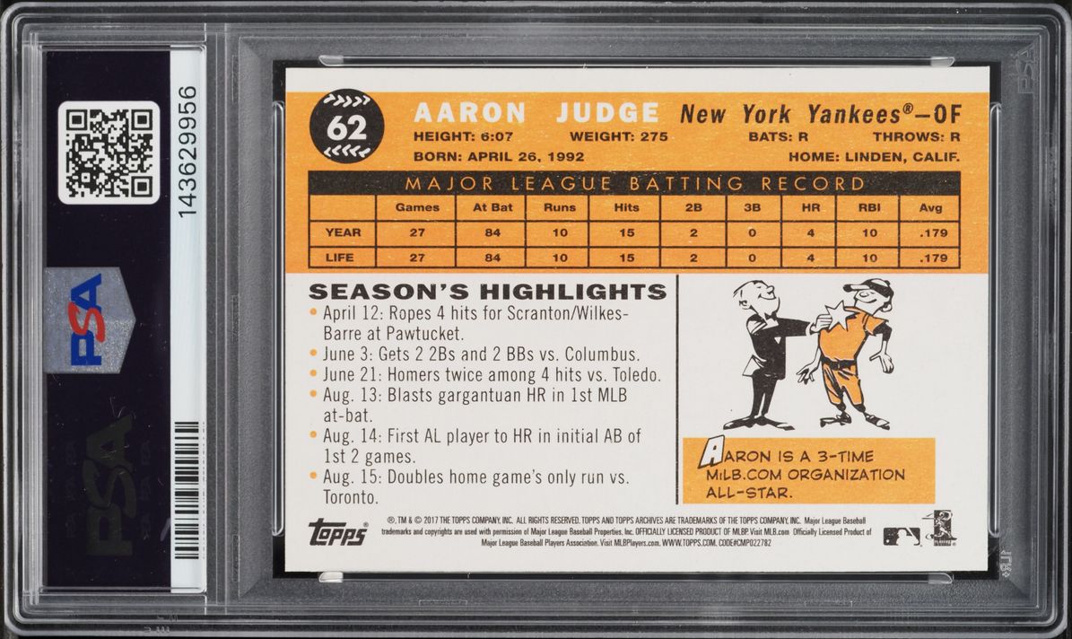 2017 Topps Archives Aaron Judge ROOKIE #62 PSA 10 GEM MINT
